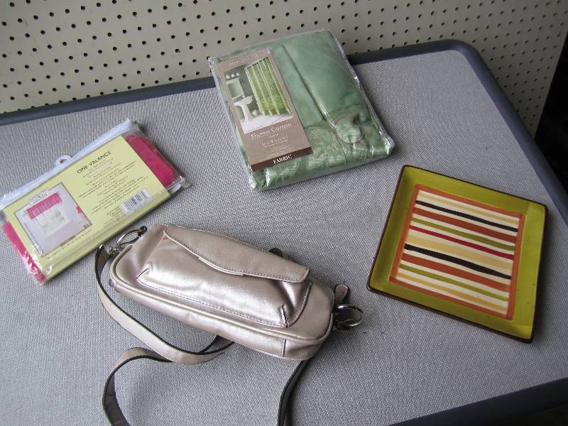 Purse, plate, shower curtain and va...