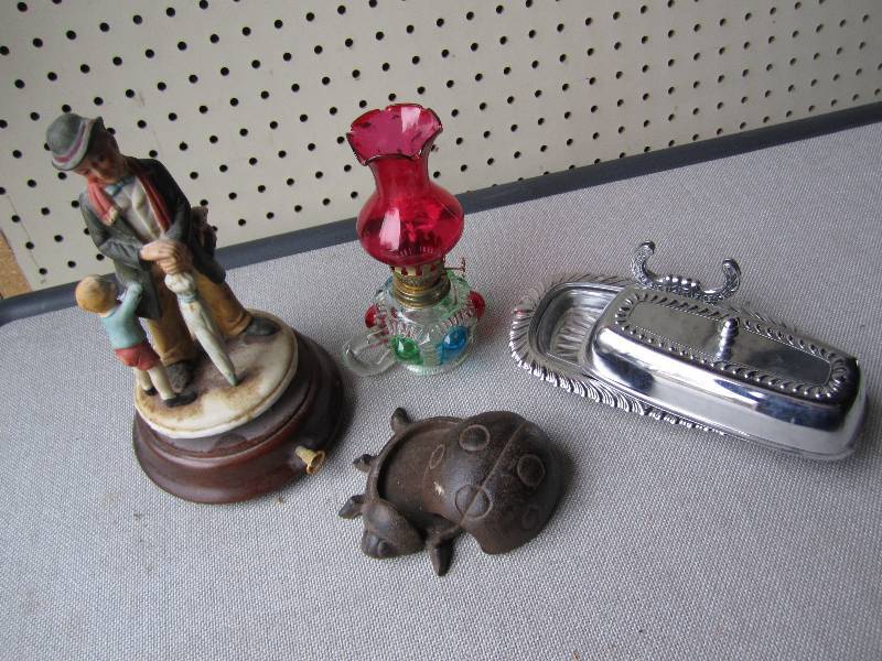 Vintage oil lamp, metal lady bug, b...