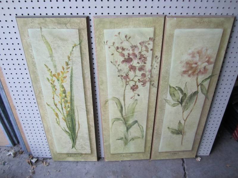 3 flower prints on hard board, each...
