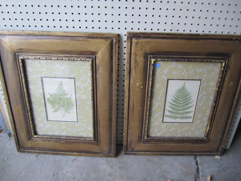 2 framed fern prints with hand stit...