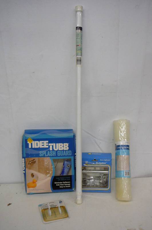 Tub splash guard, hooks, soap dish, tub mat, 63 show rod