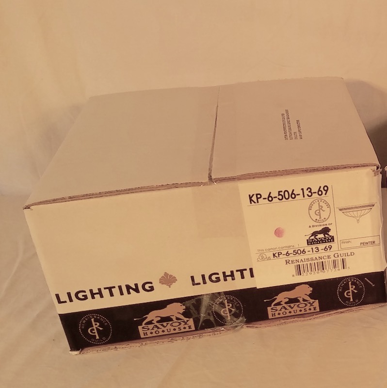 lot 8 image: (New in Unopened Box) 13 Diameter. Savoy House Spirit Flush Mount Light, Pewter Finish & White Marble Glass