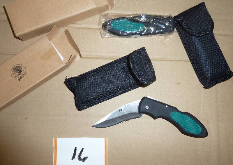 Two green lockback pocket knives - ...