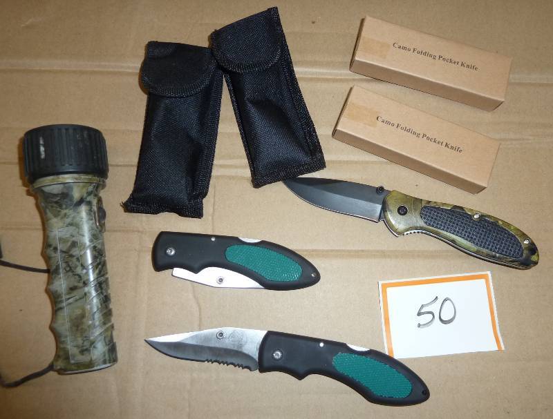 FIVE pocket knives and One flashlig...