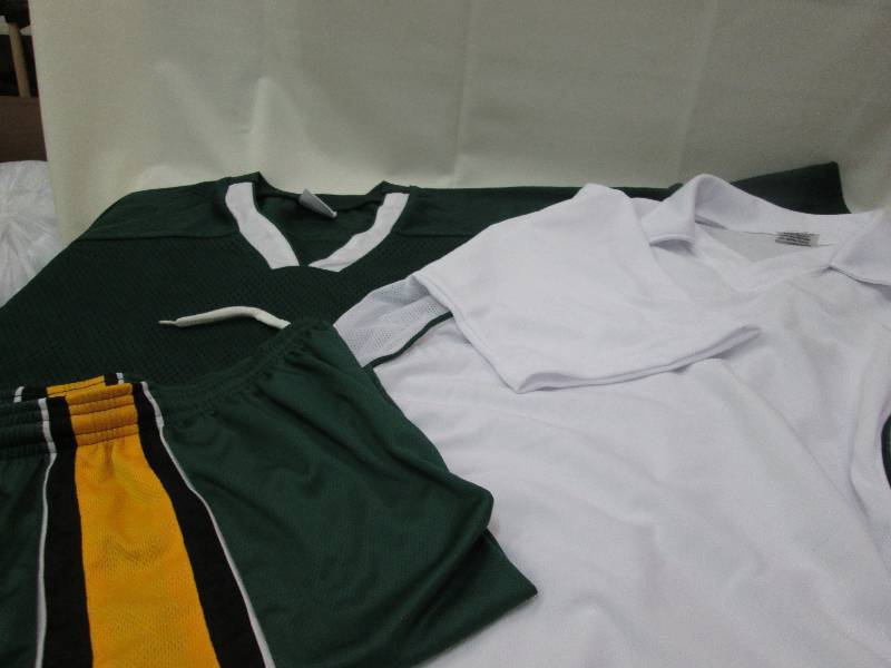 Green with white stripe shirt, Whit...