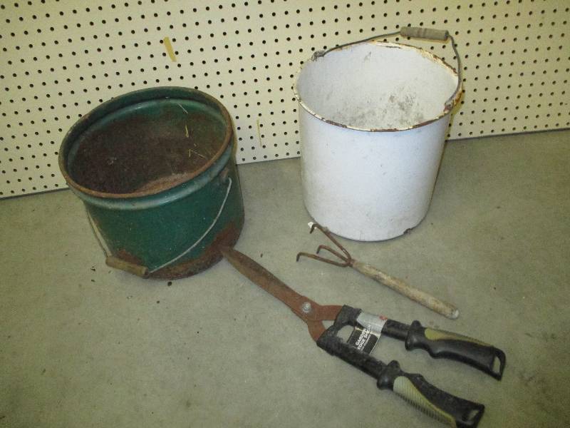 2 vintage metal pails with an unused older garden shears and vintage garden fork