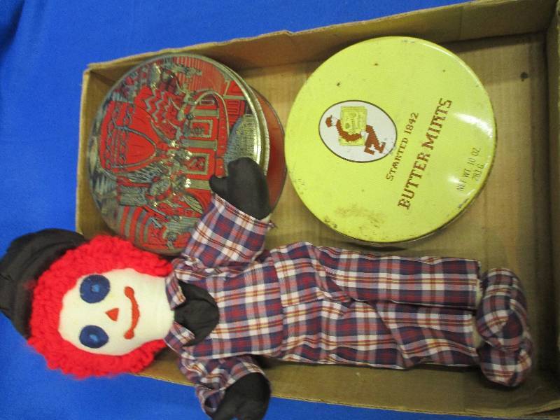 2 vintage tins and a clown doll...