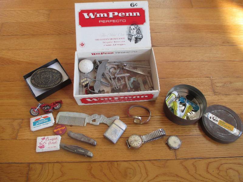 Cigar box filled with vintage and a...