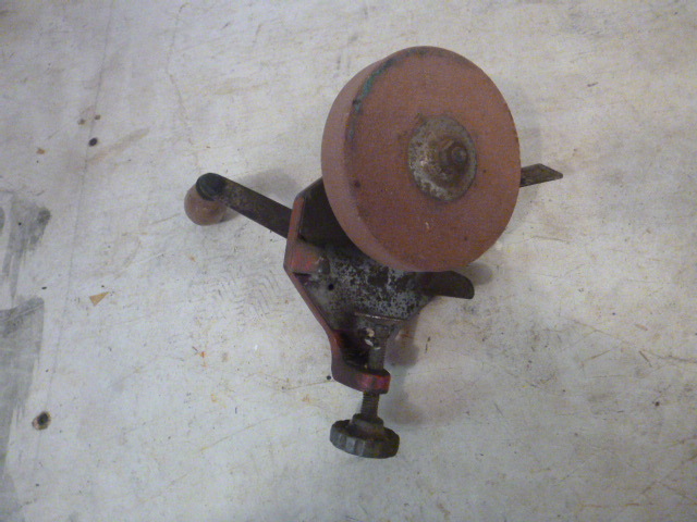 lot 123 image: Vintage Clamp-On Hand Grinding Wheel