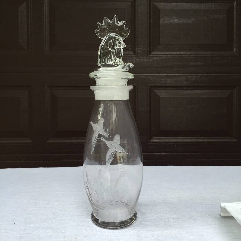 lot 005 image: Vintage & Collectible HEISEY 3 Part Glass Cocktail Shaker Deep Etch Flying Pheasants DUCKS Rooster Stopper Marshall Shape