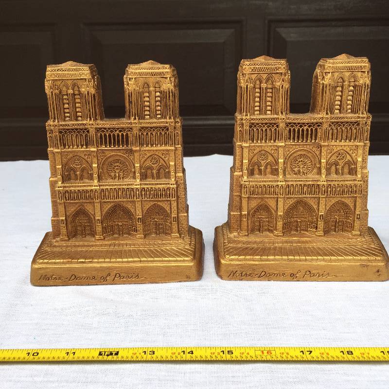 lot 008 image: 19th Century Antique Replica Grand Tour Notre Dame French Replica Gold, Brass or Iron Look Sculptural Bookends