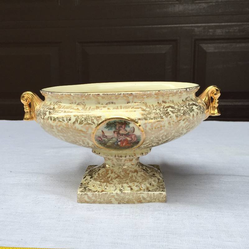 lot 009 image: Vintage Empire England Pictorial Shelton Ivory Footed Pedestal Double Handled Mantel  Gold Chintz  Bowl Grecian Urn Numbered