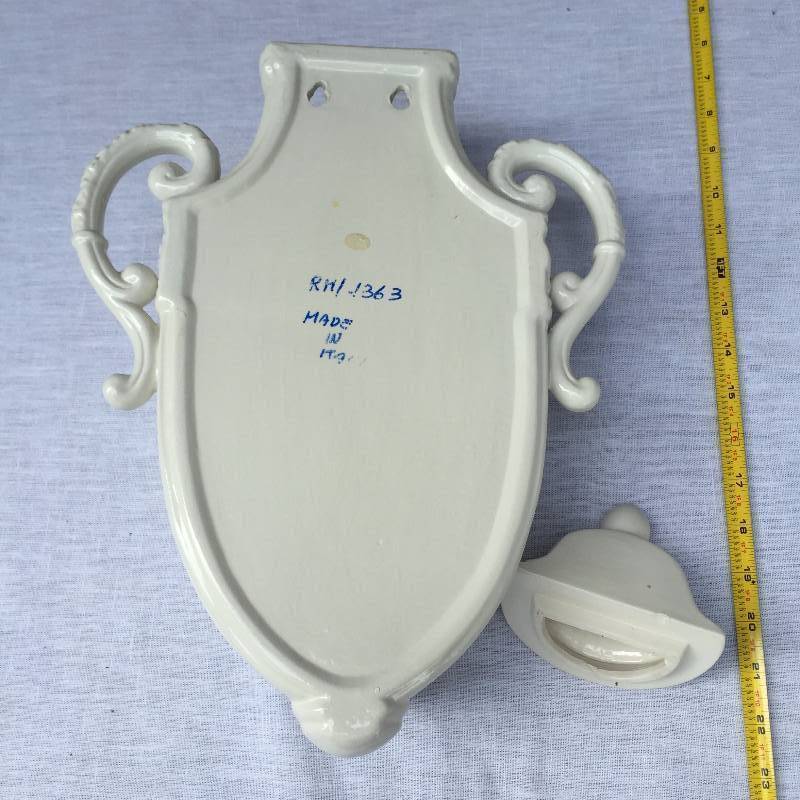 lot 011 image: Made in Italy Large 2 Piece Porcelain Italian Lavabo Fountain Wall Pocket Vase White Glazed Fluted Grecian Urn Brass Spigot