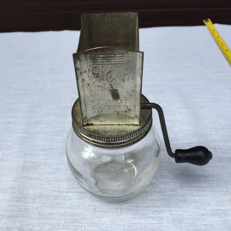lot 012 image: Vintage The Uniform Nut Meat Chopper Hopper With Hazel Atlas Glass Jar Pat Pend