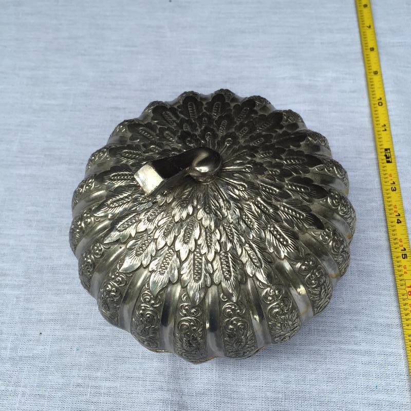 lot 015 image: RARE Antique Ornate Silver Metal Acorn Pumpkin Ashtray Candy Dish Trinket Box Gold Copper Lined With Lid