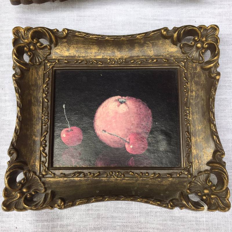 lot 014 image: Beautiful Mid Century Modern Vintage Pair of Truart Made in USA Still Life Fruit Pictures in Ornate Frames