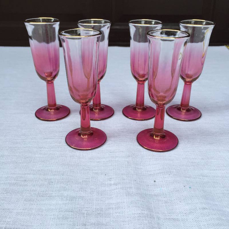 lot 017 image: 6 Set Antique Victorian Wine Port Glasses Cordials with Cranberry Pink to Clear Fade Stem & Bowls with Gold Rims circa early 1900s Iridescent Opalescent Barware