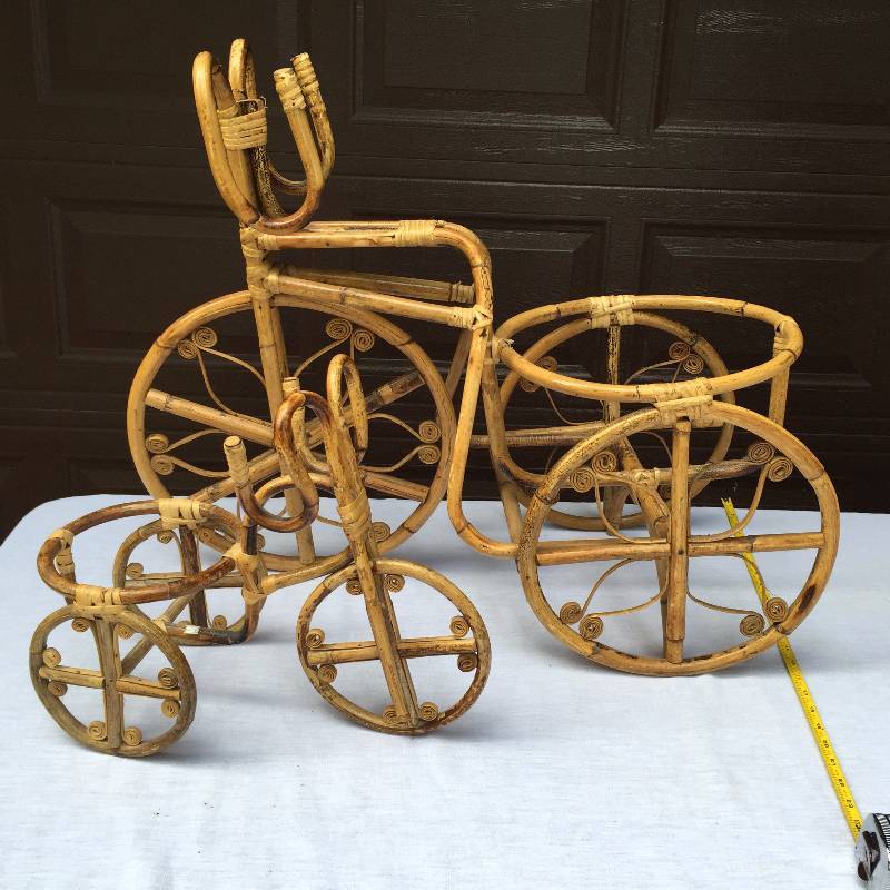 lot 016 image: 2 Vintage Mid Century Modern Tricycles Bicycles Bamboo Rattan Cane Bentwood Thonet Basket Planter Pot Stand
