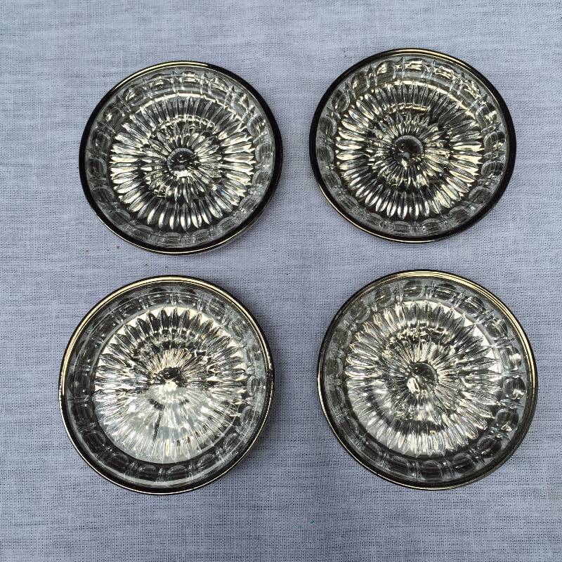lot 018 image: Mid Century Modern Set of 4 Vintage Mercury Glass Silver Hematite Imprint of Trojan Soldier Warrior Head Glass Coasters 1950s With Rare Glass Protective Inserts