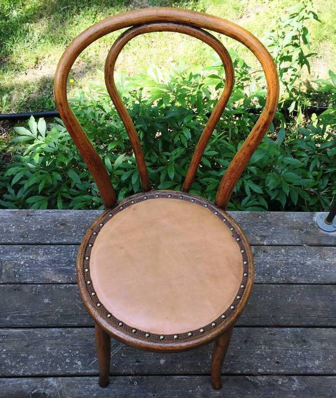lot 033 image: Vintage Mid Century Modern Thonet Bentwood J & J Kohn Fischel Style Austria Parlor Vienna Chic Cafe Side Chair Leather Brass Studded
