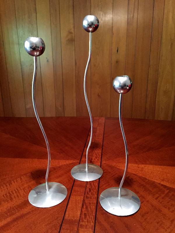 lot 038 image: Vintage Retro Trio Mid Century Modern Contemporary Chrome Silver Color Metal Wavy Ball Tall Candlesticks Pottery Barn