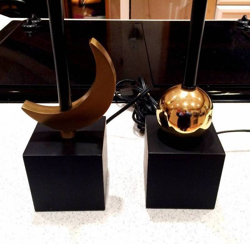 lot 049 image: Retro Chic Vintage 1960s Mid Century Modern Pair Solid Brass Sun & Moon Excelsior Lighting Co Buffet Table Lamps With Shades Astrology Lunar Geometric