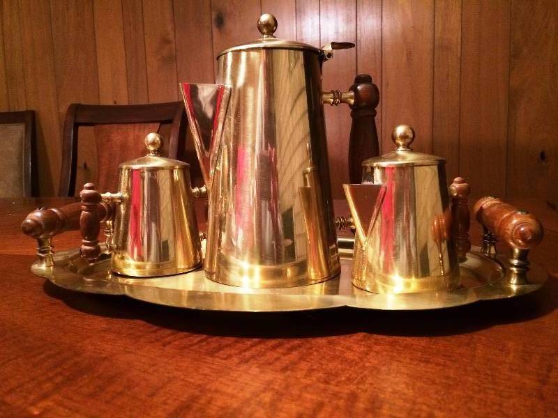 lot 041 image: Stunning Mid Century Modern Set Vintage Carter Brass Wood Mid Century Danish Modern Coffee Tea Pot Set Teak Retro With Tray