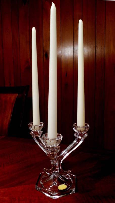 lot 025 image: Elegant Art Deco Vintage Pair 3 Arm Tricorn Crystal CANDELABRA Made In West Germany Sticker Centerpiece Grand Piano CANDLE HOLDERS
