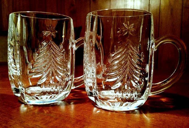 lot 054 image: Retired Vintage Pair Mikasa Glass Cut Lead Crystal Large 4.25 Coffee Mug Cup Christmas Tree Holiday Large Handled Hot Chocolate Cocoa Beer Stein