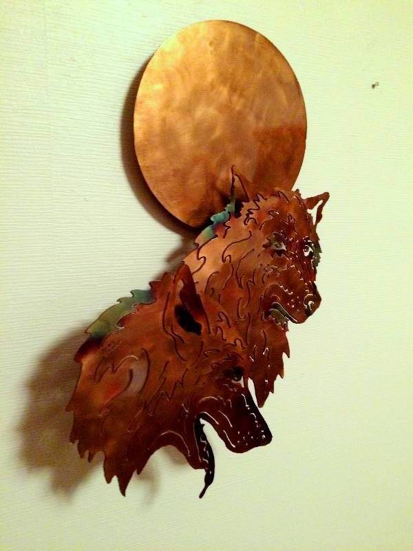 lot 031 image: AWESOME & LARGE METALWORK Decor by Shawn NAMED Alpha Pair Wolves Wolf 3D 3 DIMENSIONAL Metal Copper Wall SCULPTURE Art Signed by Artist w CERTIFICATE OF AUTHENTICITY COA