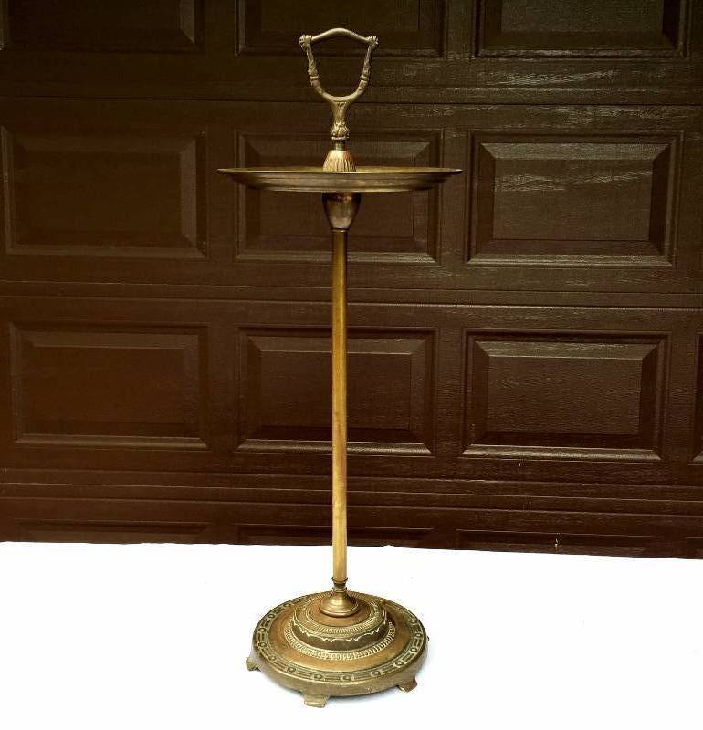 lot 027 image: Vintage Mid Century Modern Art Deco Cigar Club Stogie Floor Stand Brass Copper Metal Smoke Ashtray Man Cave Numbered On Bottom