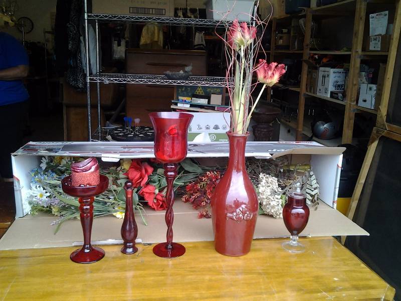 lot 115 image: Lot Of Red Glass Vases, Candy Dish, Candle Holders