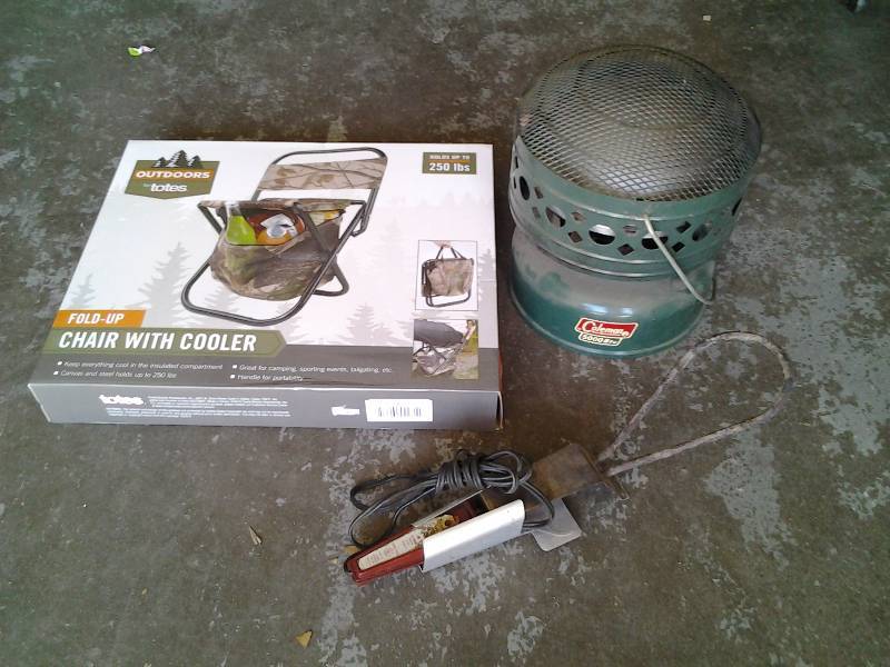 lot 67 image: 1-Coleman Heater, Folding Camp ChairCooler (NEW), Charcoal Starter