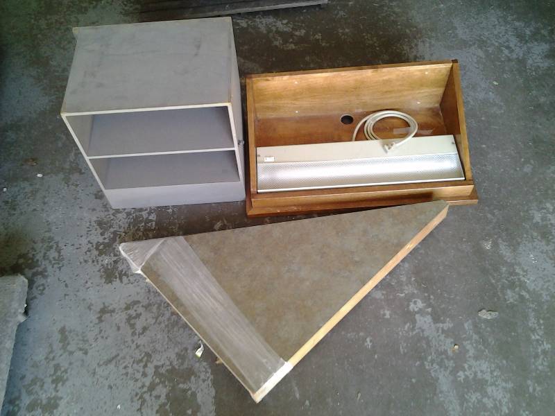 lot 76 image: Wood Shelf With Light, Gray Shelf, 2-Corner Counter Tops