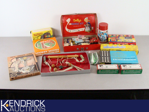 Lot of Vintage New Old Stock Toys in Wood Crate