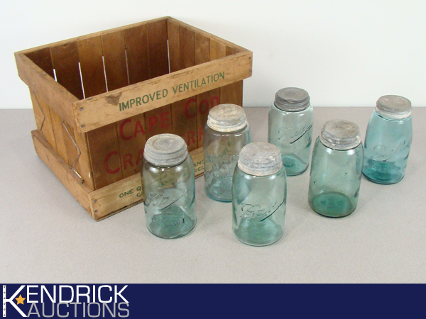 Lot of 6 Antique Blue Mason Jars in Wood Crate