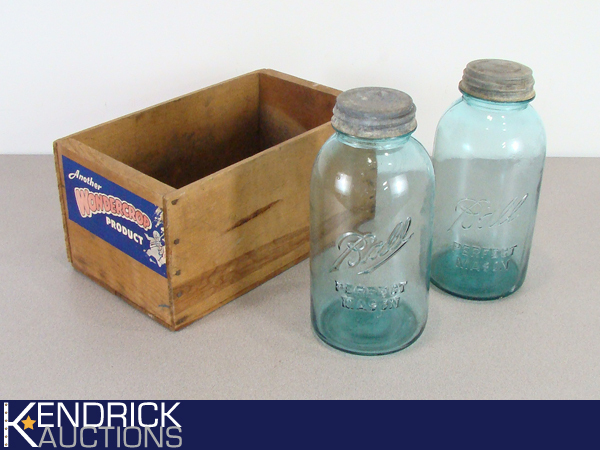 2 Vintage 12 Gallon Blue Ball Mason Jars in Wood Box