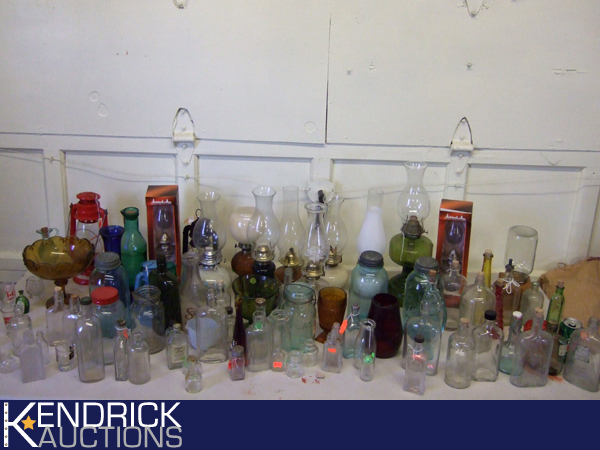 Large Lot of Depression Glass, Vintage Lanterns, Antique Bottles etc.