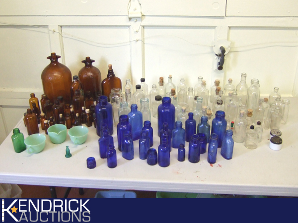 Large Lot of Vintage Cobalt, Amber, Jadite, etc. Medicine Bottles etc.