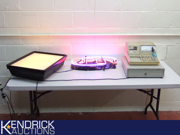 Neon Open Sign, Cash Register, and Light Board