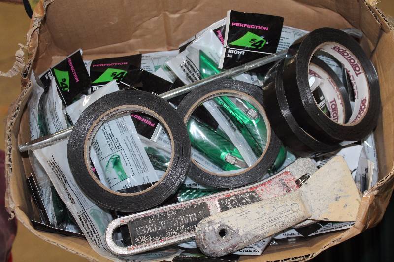 Box Lot Including Electrical Tape Box Cutters.