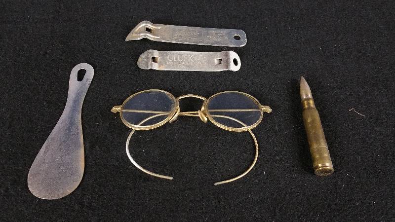 lot 70 image: Antique Glasses, Hamms & Gluek Openers, a Bullet, Etc
