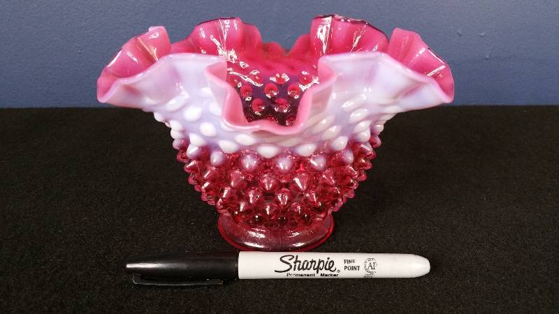 lot 94 image: Vintage Fenton Cranberry Opalescent Ruffled Hobnail Dish