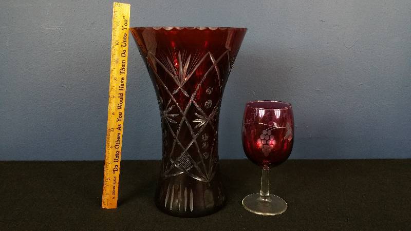lot 96 image: Large Ruby-Cut-To-Clear Crystal Vase & Stemmed Wine Glass