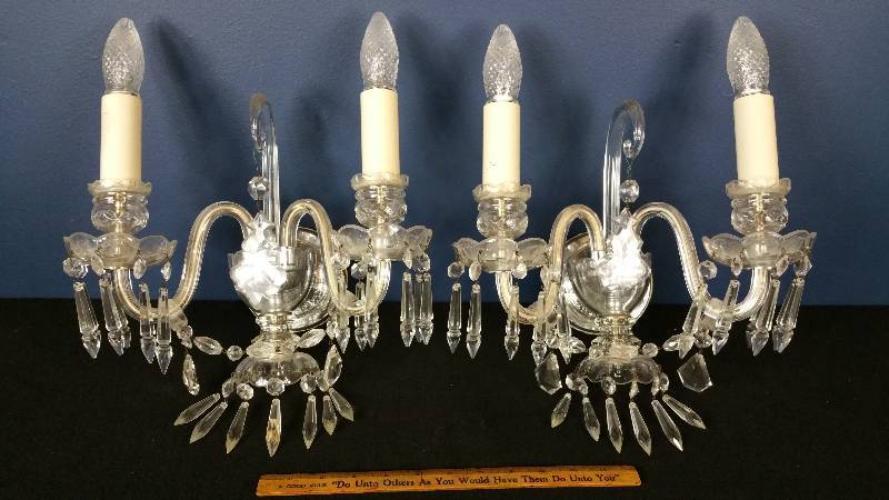 lot 106 image: (2) Antique Two Armed Cut Glass & Crystal Prism Wall Scones