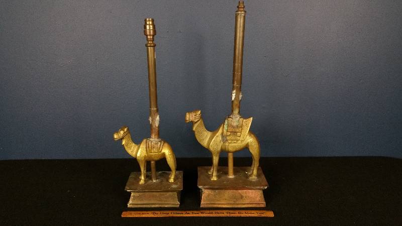 lot 109 image: (2) Vintage Brass Camel Table Lamps