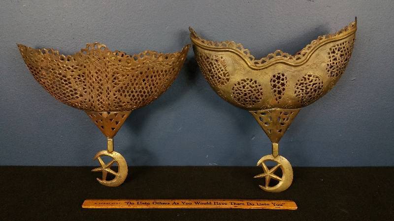 lot 110 image: Turkish Brass Star and Moon Wall Pockets