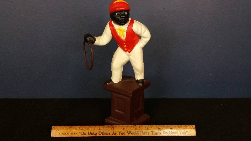lot 121 image: Black Americana Cast Iron Horse Jockey Coin Bank