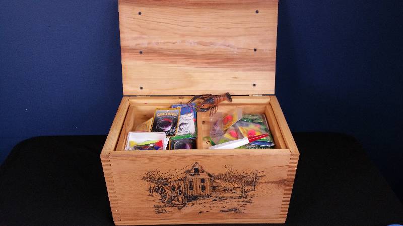 lot 156 image: Wooden Crate Loaded Down w Tackle
