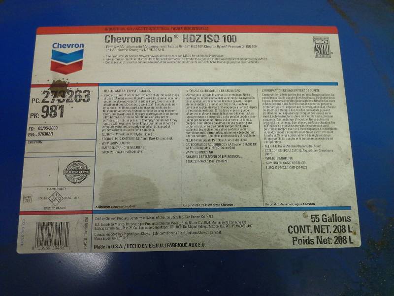 Chevron Rando HDZ ISO 100 Hydraulic Oil 55 Gallon Drum Autumn